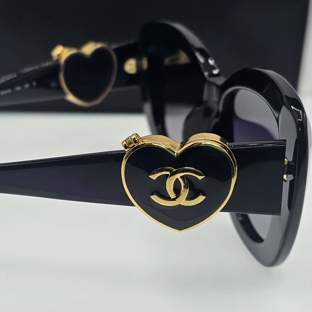 CHANEL Black and Gold Heart Sunglasses | ON HAND AND READY TO SHIP.